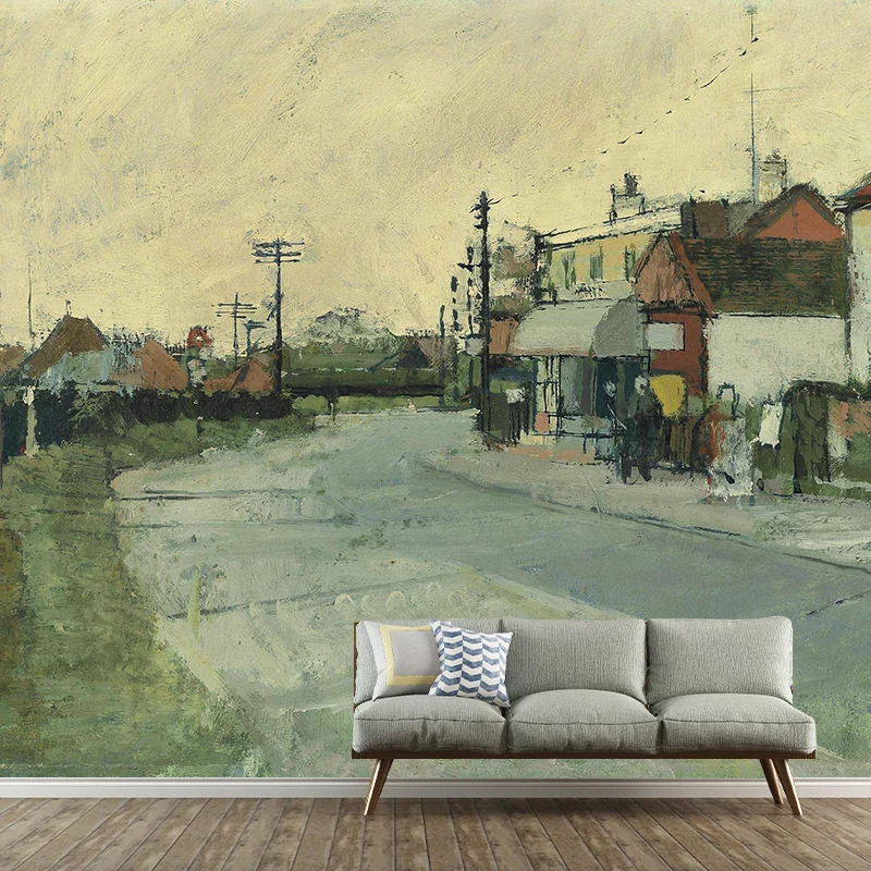 Ruhige Bauernhäuser am Straßenrand, Wandtapete für Schlafzimmer, Landschaftsmalerei, Wandkunst, optionale Größe Clearhalo
