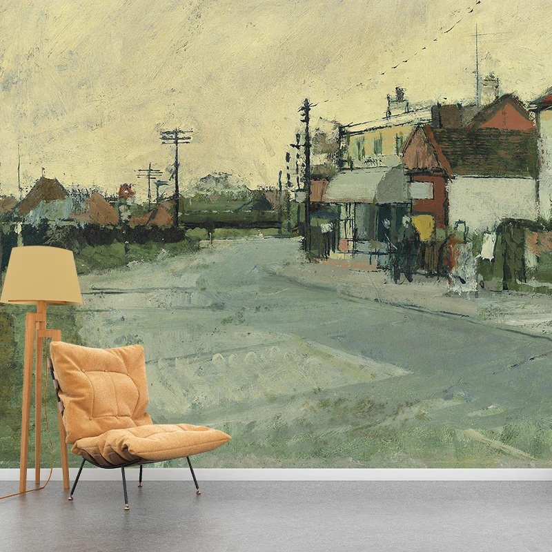 Ruhige Bauernhäuser am Straßenrand, Wandtapete für Schlafzimmer, Landschaftsmalerei, Wandkunst, optionale Größe Clearhalo