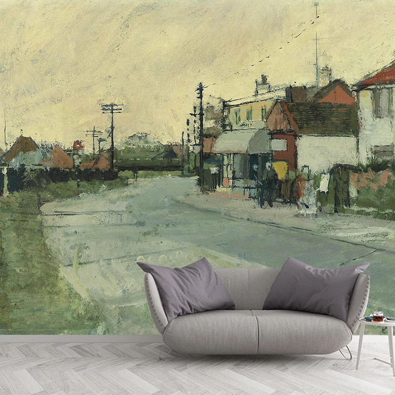 Ruhige Bauernhäuser am Straßenrand, Wandtapete für Schlafzimmer, Landschaftsmalerei, Wandkunst, optionale Größe Clearhalo