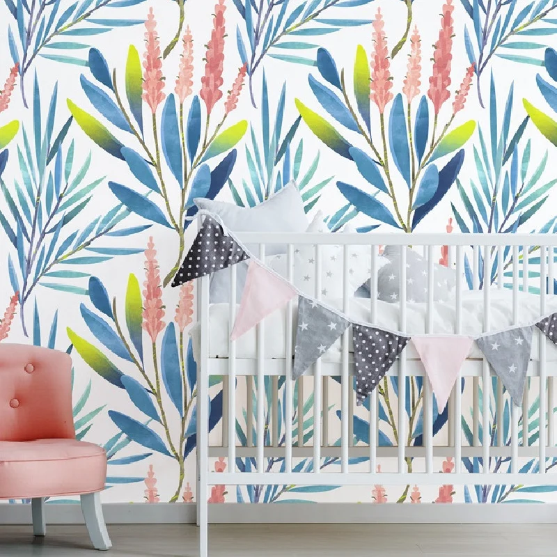 Rustikale Aquarell-Blumentapete, blau, temporäre, selbstklebende Wanddekoration für das Wohnzimmer Clearhalo