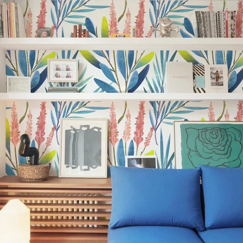 Rustikale Aquarell-Blumentapete, blau, temporäre, selbstklebende Wanddekoration für das Wohnzimmer Clearhalo