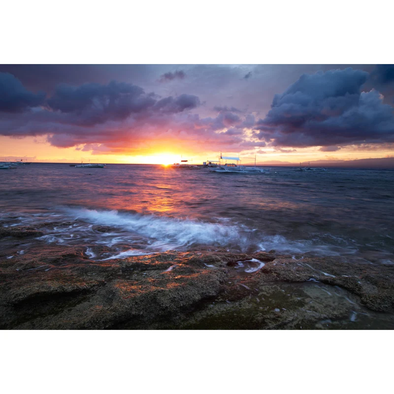 Schiffe bei Sonnenuntergang Ozean Wandbild Tropische wasserdichte Wohnzimmer-Wanddekoration, individuelle Größe Clearhalo