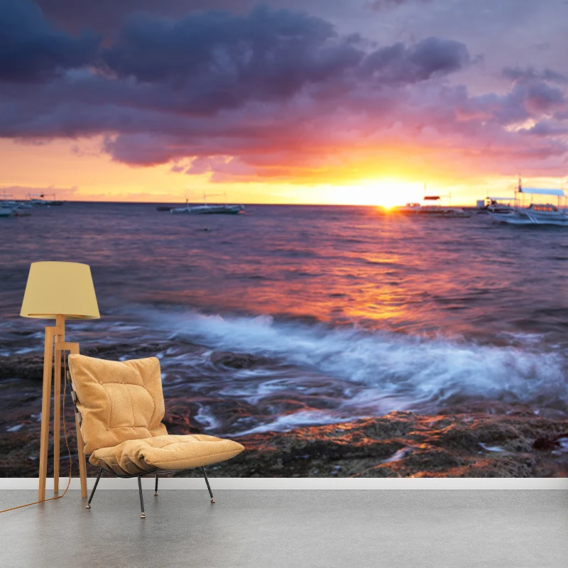Schiffe bei Sonnenuntergang Ozean Wandbild Tropische wasserdichte Wohnzimmer-Wanddekoration, individuelle Größe Clearhalo