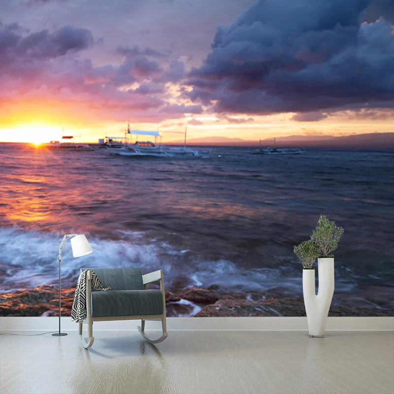 Schiffe bei Sonnenuntergang Ozean Wandbild Tropische wasserdichte Wohnzimmer-Wanddekoration, individuelle Größe Clearhalo