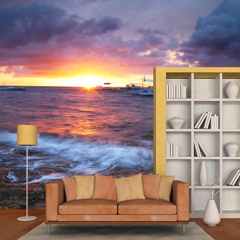 Schiffe bei Sonnenuntergang Ozean Wandbild Tropische wasserdichte Wohnzimmer-Wanddekoration, individuelle Größe Clearhalo