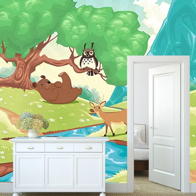 Schlichte Tapete mit Wald- und Tiermotiven Pastellgrün für die Wanddekoration im Kinderzimmer, individuell bedruckt Clearhalo