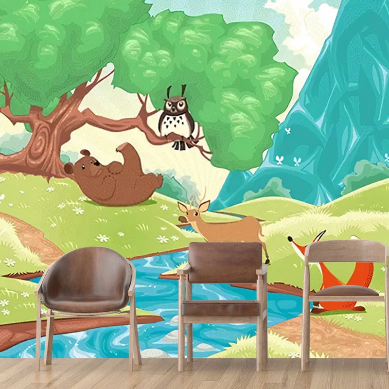 Schlichte Tapete mit Wald- und Tiermotiven Pastellgrün für die Wanddekoration im Kinderzimmer, individuell bedruckt Clearhalo