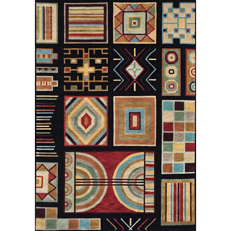 Schwarzer mehrfarbiger Southwestern-Teppich, Polyester-Teppich mit Karomuster, waschbarer, rutschfester Teppich für das Wo...