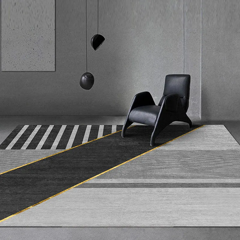 Schwarzer Teppich mit geometrischem Muster und Streifen, moderner Polyester-Teppich, waschbarer, rutschfester Teppich zum...