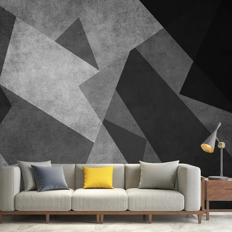 Schwarz-graue modernistische Wandtapete mit ganzem geometrischen Muster, Wandkunst für Schlafzimmer Clearhalo
