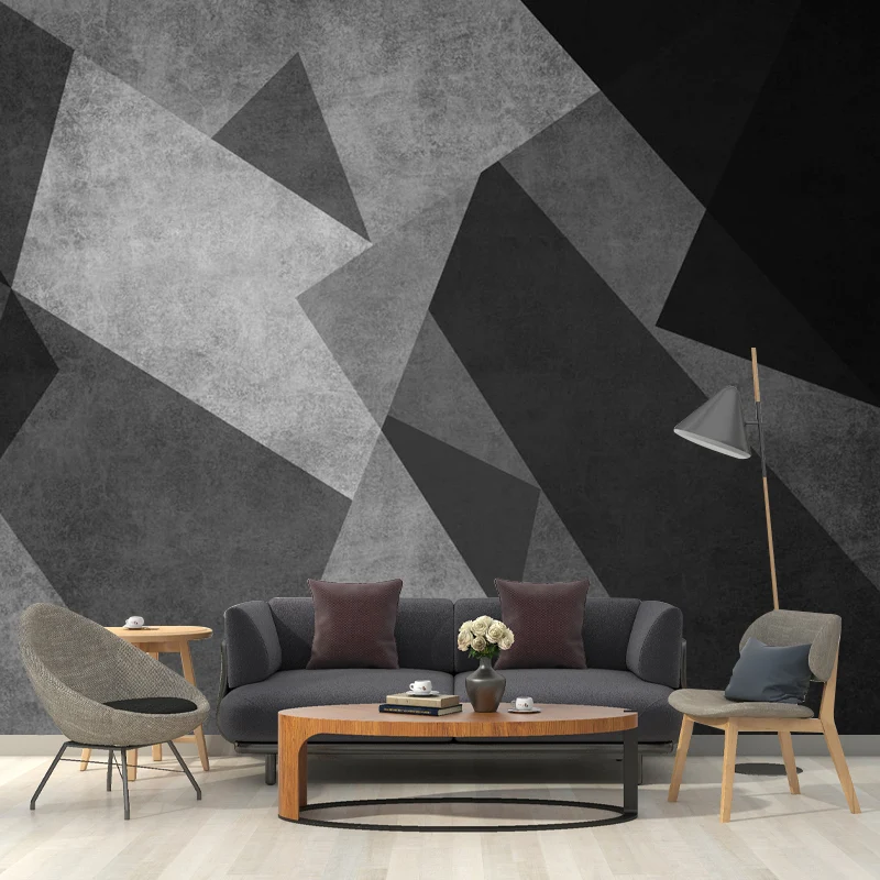 Schwarz-graue modernistische Wandtapete mit ganzem geometrischen Muster, Wandkunst für Schlafzimmer Clearhalo