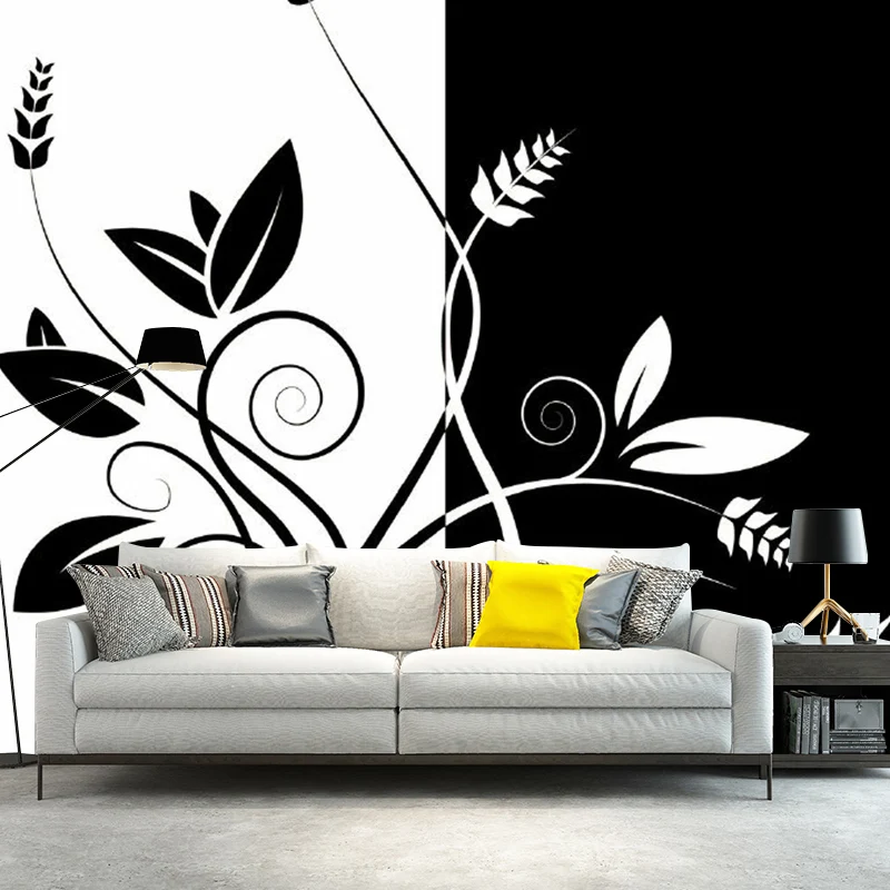 Schwarz-weiße Blumentapete, schmutzabweisend, minimalistische Schlafzimmer-Wanddekoration Clearhalo