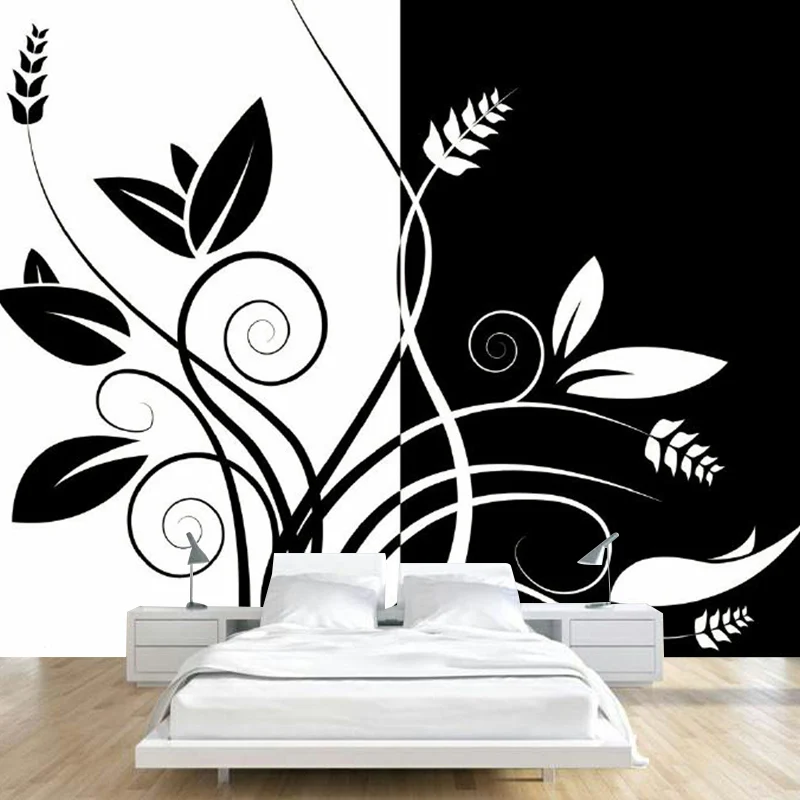Schwarz-weiße Blumentapete, schmutzabweisend, minimalistische Schlafzimmer-Wanddekoration Clearhalo