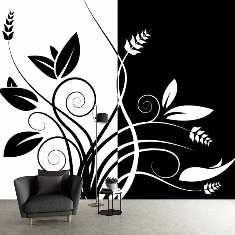 Schwarz-weiße Blumentapete, schmutzabweisend, minimalistische Schlafzimmer-Wanddekoration Clearhalo
