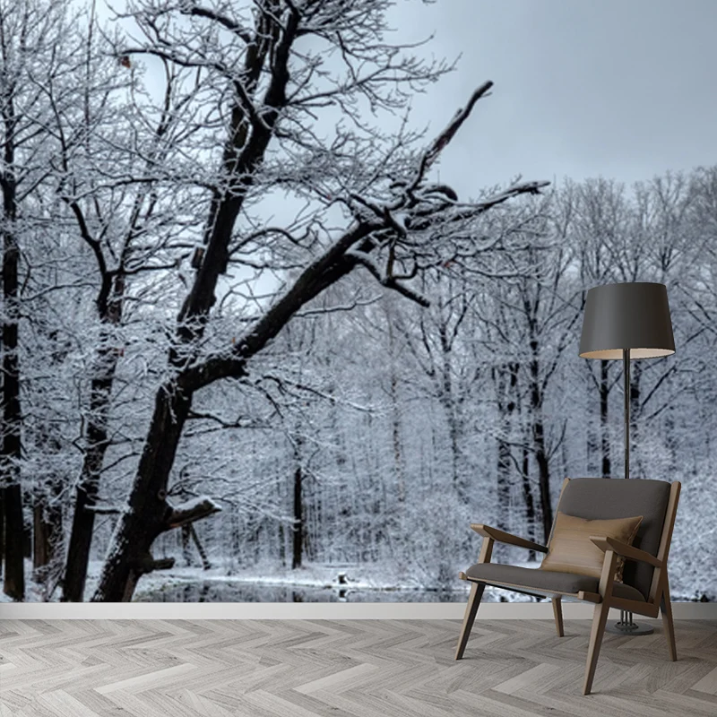Seereflexion, verschneiter Baum, Wandtapete, Grau, moderne Wandverkleidung für Schlafzimmer Clearhalo