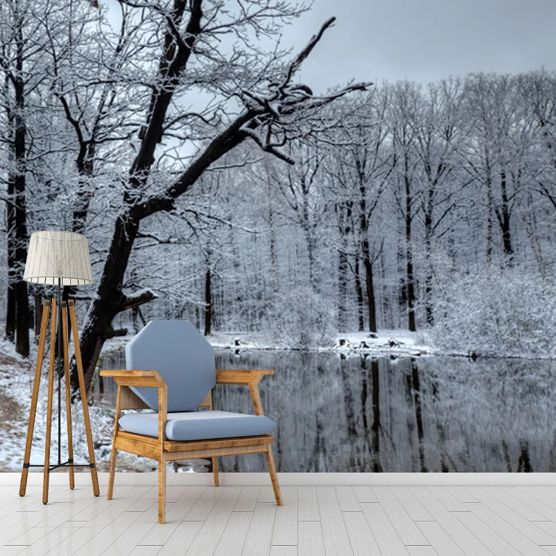 Seereflexion, verschneiter Baum, Wandtapete, Grau, moderne Wandverkleidung für Schlafzimmer Clearhalo