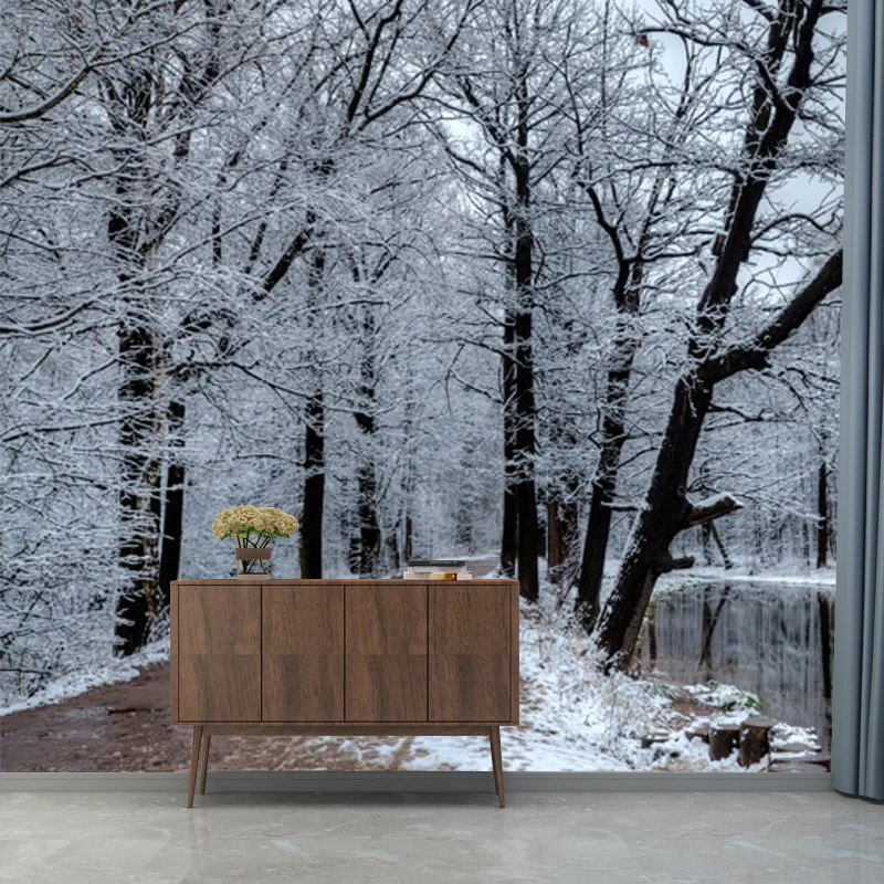 Seereflexion, verschneiter Baum, Wandtapete, Grau, moderne Wandverkleidung für Schlafzimmer Clearhalo