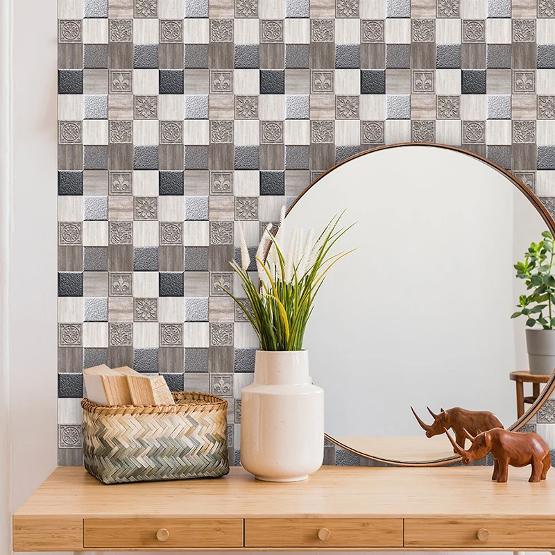 Selbstklebende Mosaik-Ziegelstein-Tapeten, antikisierte PVC-Wanddekoration, 9,7 m², Schwarz-Grau Clearhalo