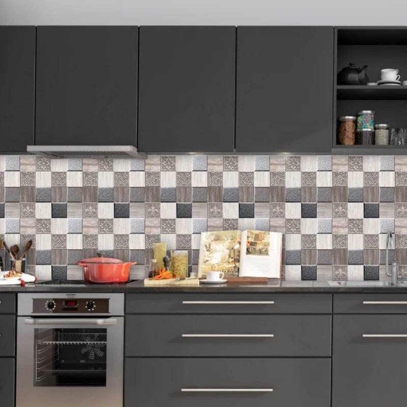 Selbstklebende Mosaik-Ziegelstein-Tapeten, antikisierte PVC-Wanddekoration, 9,7 m², Schwarz-Grau Clearhalo