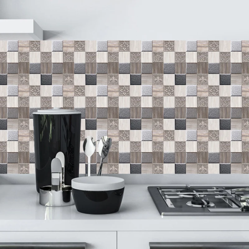 Selbstklebende Mosaik-Ziegelstein-Tapeten, antikisierte PVC-Wanddekoration, 9,7 m², Schwarz-Grau Clearhalo