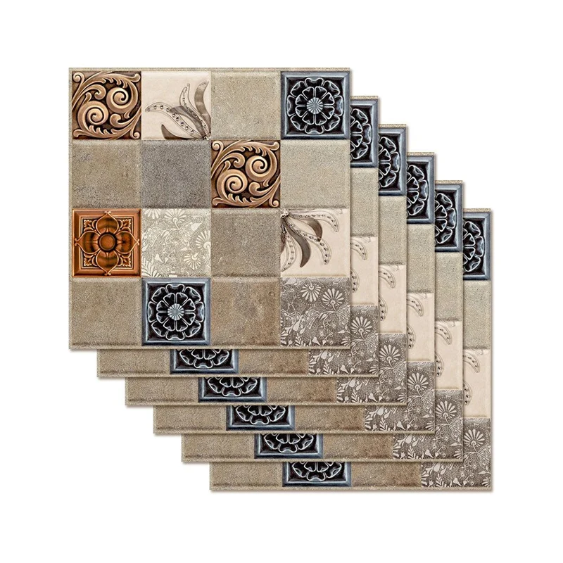 Selbstklebende Tapetenplatte mit Vintage-Blumenmuster, blau-braune Mosaikfliesen, Wanddekoration für den Waschraum Clearhalo