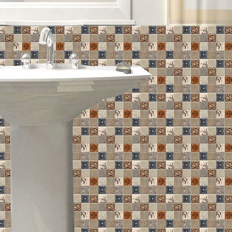Selbstklebende Tapetenplatte mit Vintage-Blumenmuster, blau-braune Mosaikfliesen, Wanddekoration für den Waschraum Clearhalo