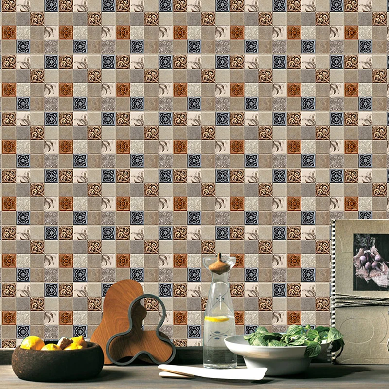 Selbstklebende Tapetenplatte mit Vintage-Blumenmuster, blau-braune Mosaikfliesen, Wanddekoration für den Waschraum Clearhalo
