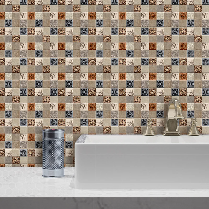 Selbstklebende Tapetenplatte mit Vintage-Blumenmuster, blau-braune Mosaikfliesen, Wanddekoration für den Waschraum Clearhalo