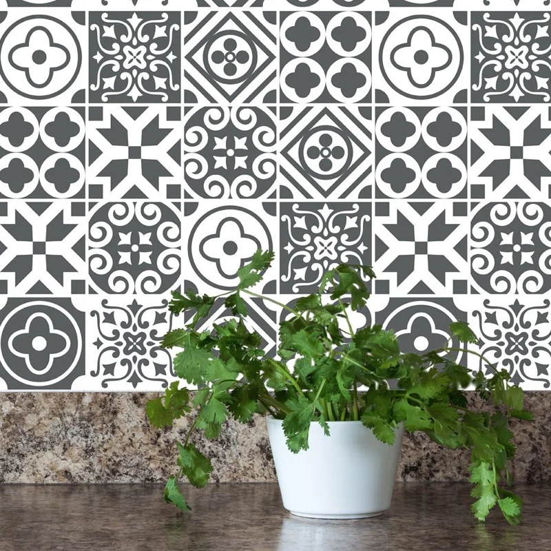 Selbstklebendes schwarz-weißes Bohemia-Tapetenpaneel, 8,6 m² große marokkanische Fliesenwandkunst für Ihr Zuhause Clearhalo