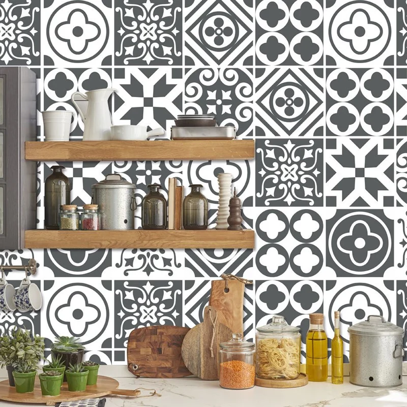 Selbstklebendes schwarz-weißes Bohemia-Tapetenpaneel, 8,6 m² große marokkanische Fliesenwandkunst für Ihr Zuhause Clearhalo
