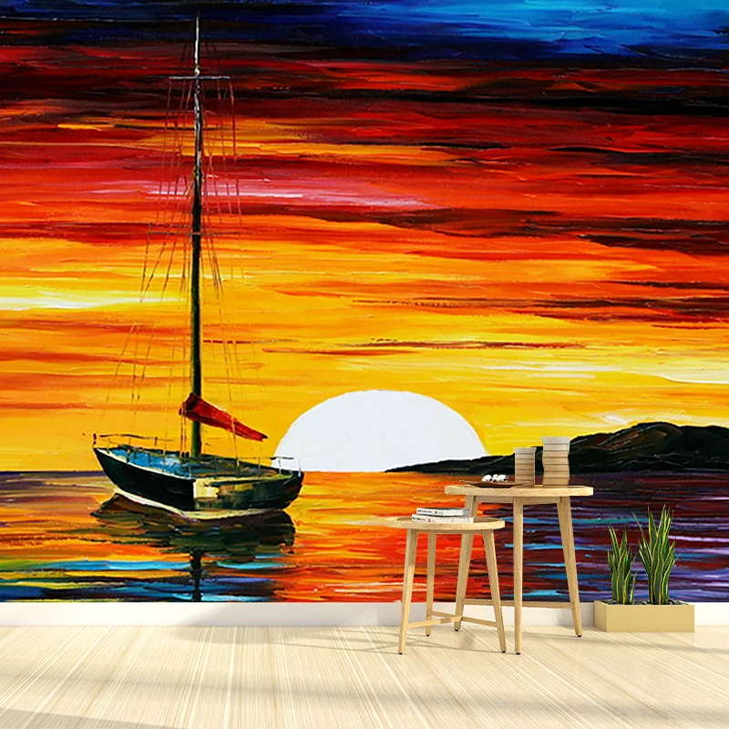 Serenity Sunset Sea Boat Murals Feuchtigkeitsbeständige klassische Flurwanddekoration Orange-Blau Clearhalo