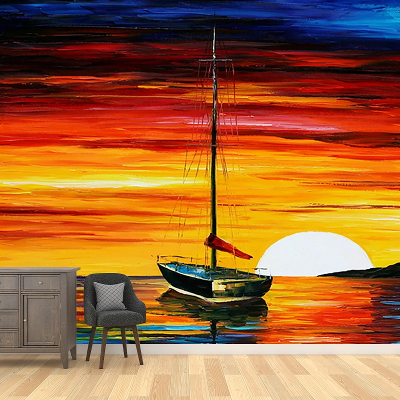 Serenity Sunset Sea Boat Murals Feuchtigkeitsbeständige klassische Flurwanddekoration Orange-Blau Clearhalo