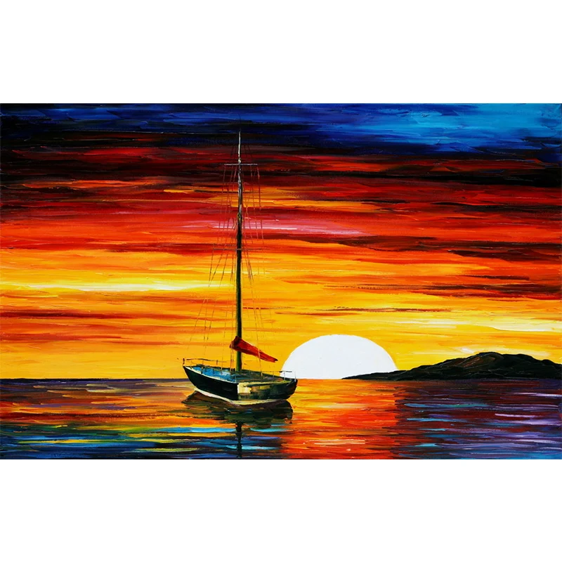 Serenity Sunset Sea Boat Murals Feuchtigkeitsbeständige klassische Flurwanddekoration Orange-Blau Clearhalo