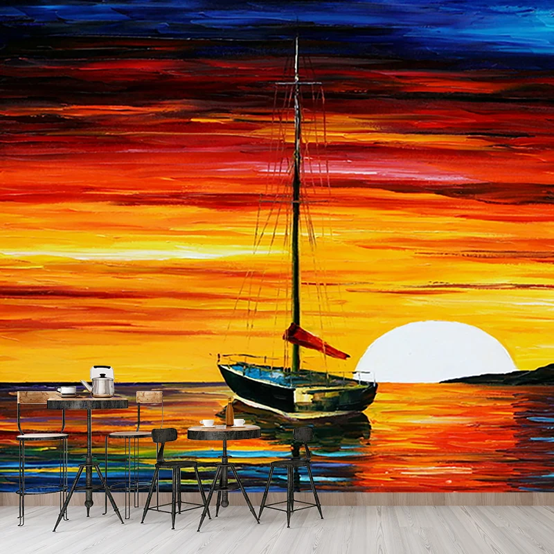 Serenity Sunset Sea Boat Murals Feuchtigkeitsbeständige klassische Flurwanddekoration Orange-Blau Clearhalo