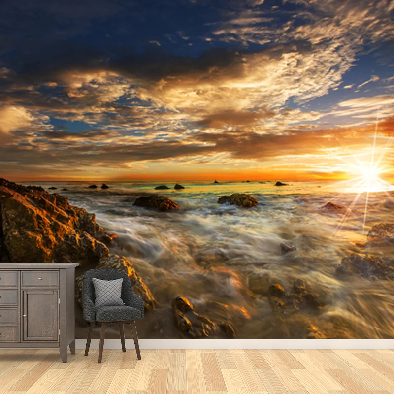 Sonnenuntergang am Meeresufer mit Felswandbild, tropische Wandkunst aus Vliesstoff Gelb-Blau Clearhalo