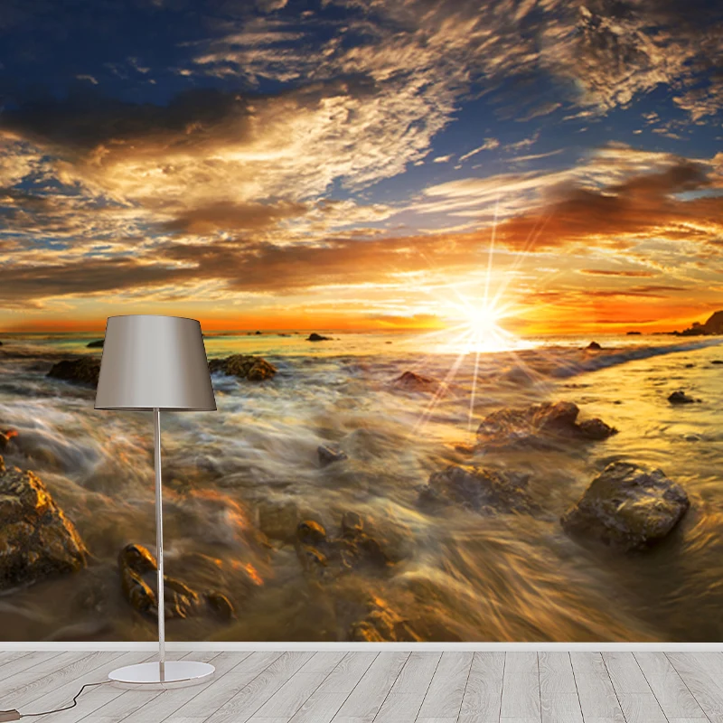 Sonnenuntergang am Meeresufer mit Felswandbild, tropische Wandkunst aus Vliesstoff Gelb-Blau Clearhalo