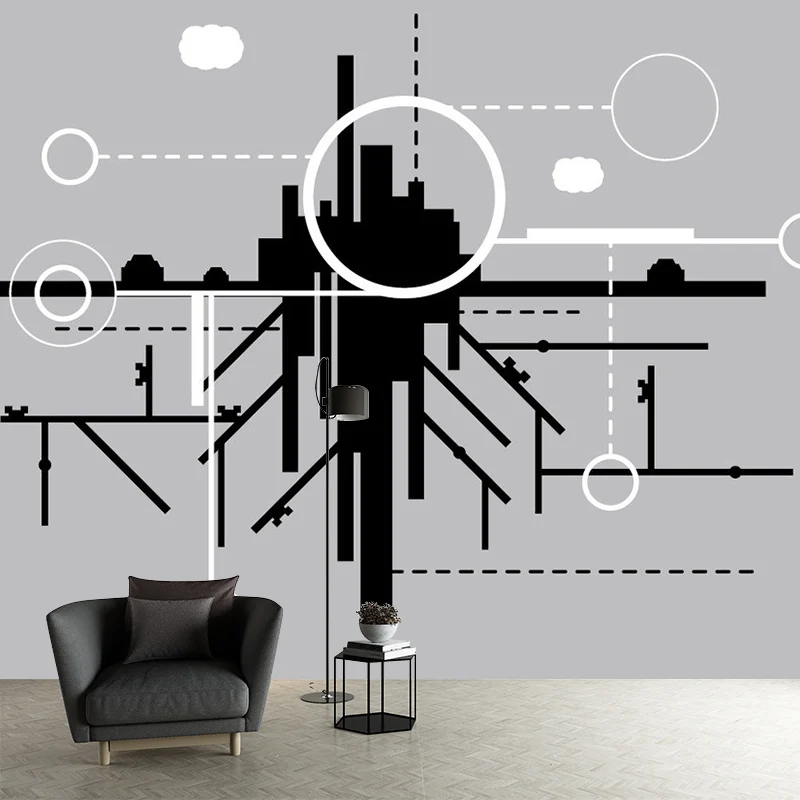 Stadtbau-Tapeten-Wandbilder, minimalistische Wandkunst aus Vliesstoff Schwarz-Grau-Weiß Clearhalo