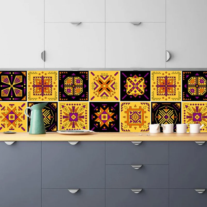 10 Stück Tapeten mit Stammesmuster, gelbe Boho-Chic-Wandkunst für die Küche, abziehen und aufkleben Clearhalo
