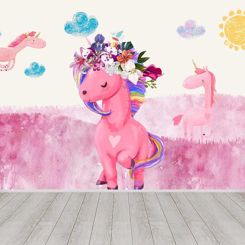 Stehendes Einhorn-Wandbild für Kinder, Wandverkleidung aus Vliesstoff Pastellfarben Clearhalo