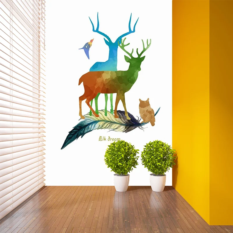Ästhetisches Hirsch-Wandtattoo, rot-blau-grün, schmutzabweisende Wandkunst für Schlafzimmer Clearhalo