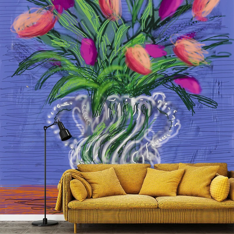 Stillleben-Tulpenblumen-Wandbild, moderne Kunst, Wandverkleidung aus Vliesstoff Lila-Grün Clearhalo