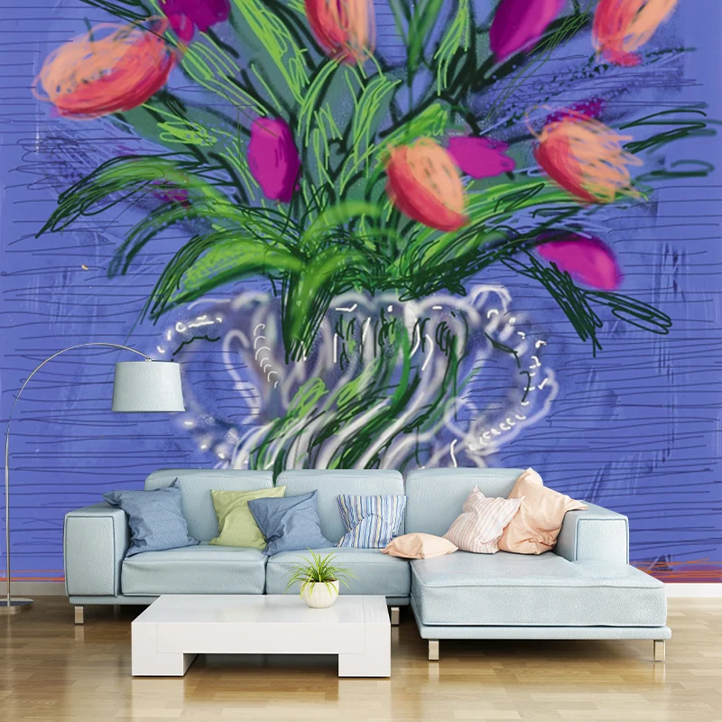 Stillleben-Tulpenblumen-Wandbild, moderne Kunst, Wandverkleidung aus Vliesstoff Lila-Grün Clearhalo