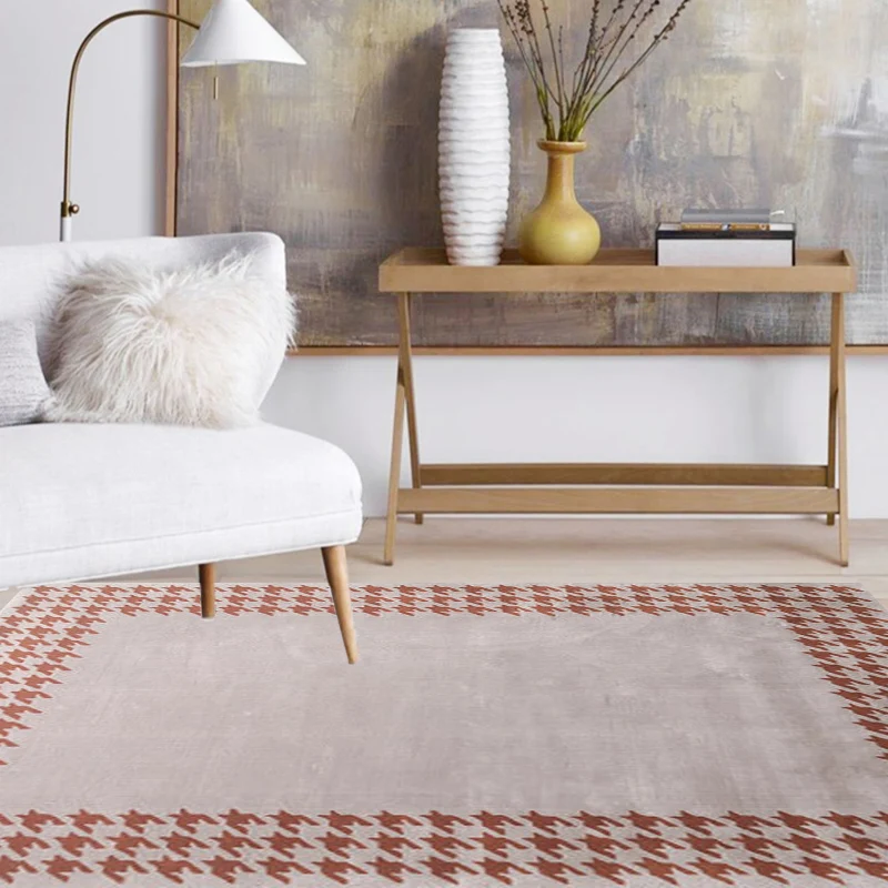 Stilvoller Teppich mit Hahnentrittmuster, orange-rot, moderner Teppich aus Polyester, haustierfreundlich, waschbar, rutsch...