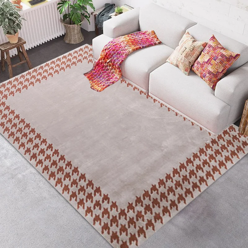 Stilvoller Teppich mit Hahnentrittmuster, orange-rot, moderner Teppich aus Polyester, haustierfreundlich, waschbar, rutsch...