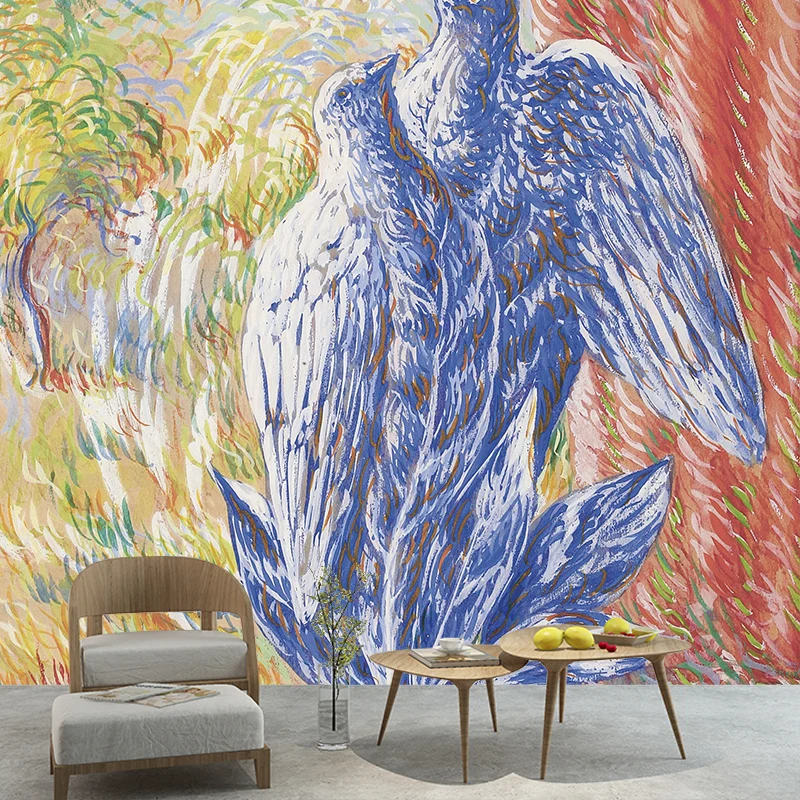 Surreale botanische Vogeltapeten-Wandbilder Rot-Gelb-Blau, waschbare Wanddekoration für das Wohnzimmer Clearhalo