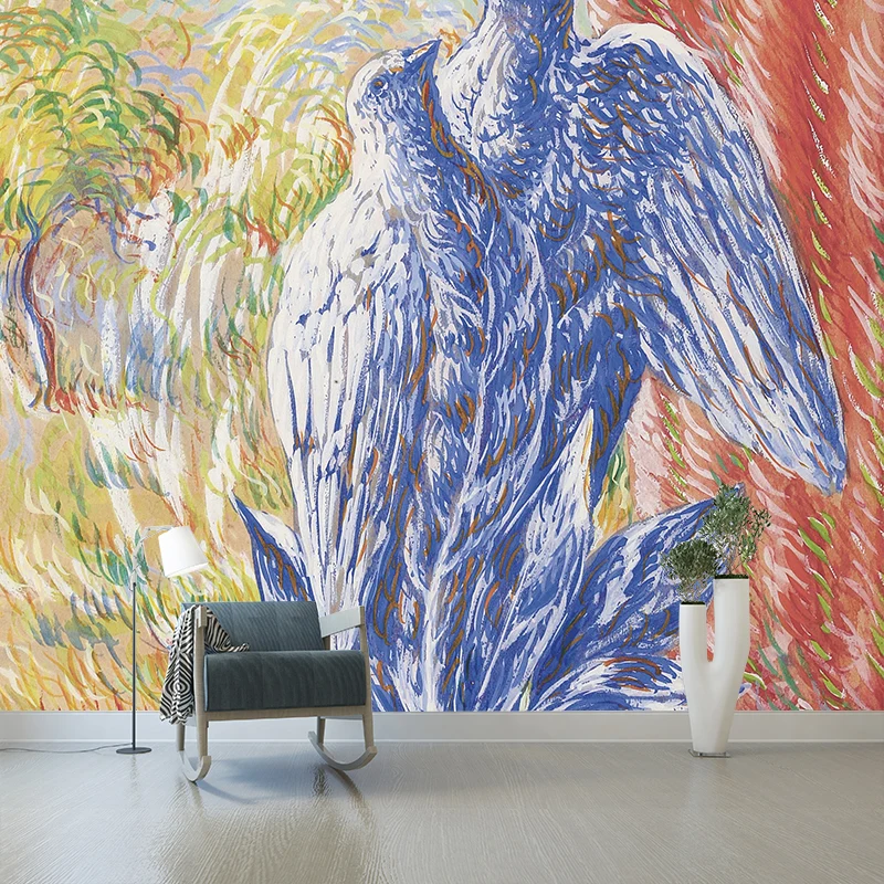 Surreale botanische Vogeltapeten-Wandbilder Rot-Gelb-Blau, waschbare Wanddekoration für das Wohnzimmer Clearhalo