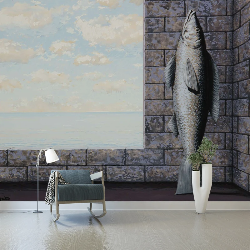 Surrealismus-Fisch-Wandaufkleber für Wohnzimmer, individuelle Wandkunst Grau und Blau Clearhalo