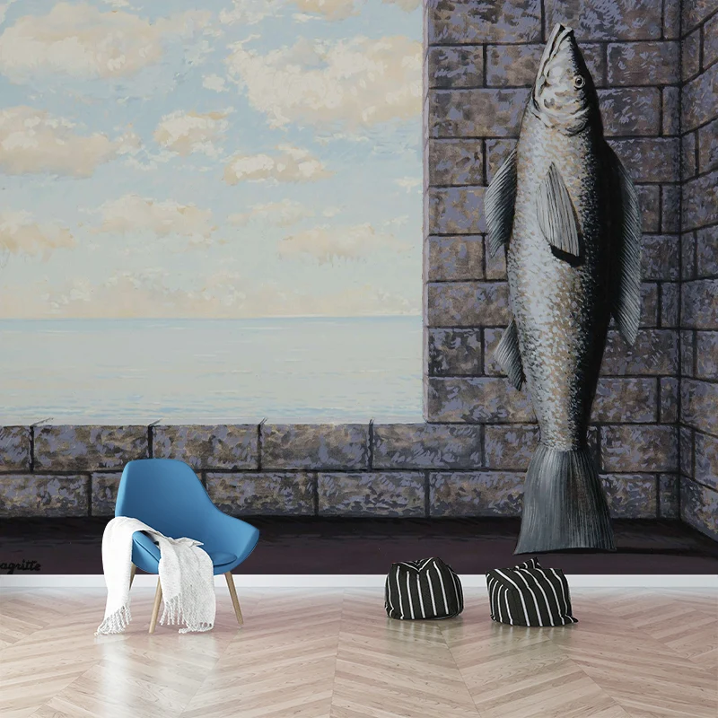 Surrealismus-Fisch-Wandaufkleber für Wohnzimmer, individuelle Wandkunst Grau und Blau Clearhalo