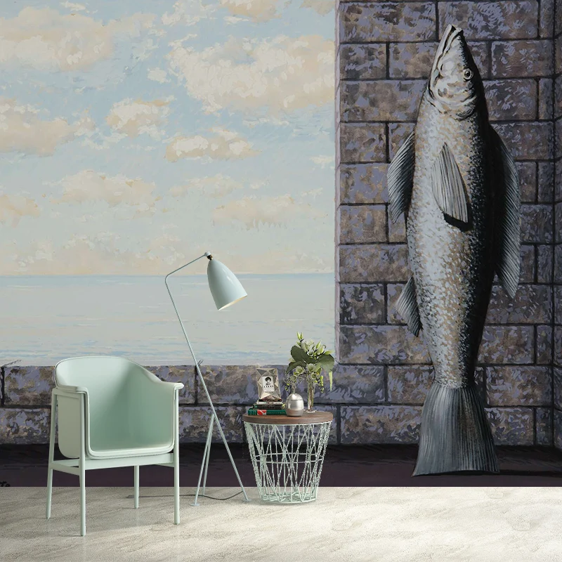 Surrealismus-Fisch-Wandaufkleber für Wohnzimmer, individuelle Wandkunst Grau und Blau Clearhalo