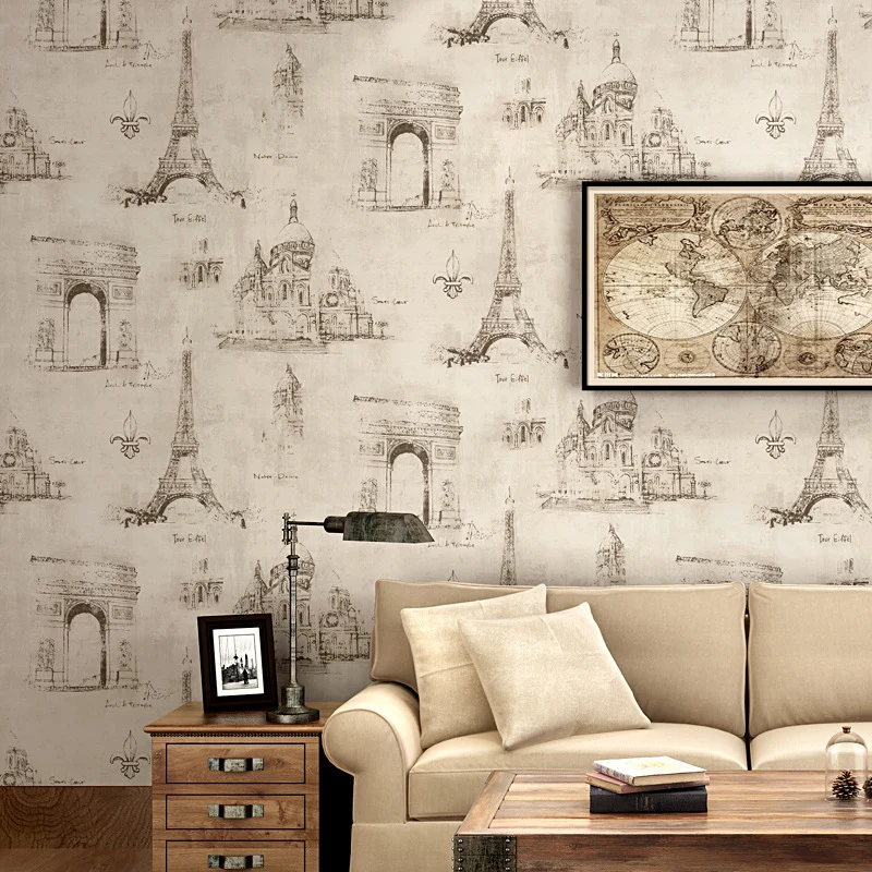 Tapete für Kaffee- und Ankleidezimmer, Eiffelturm und traditionelle europäische Gebäude, 33' x 20,5", nicht geklebt Clearhalo